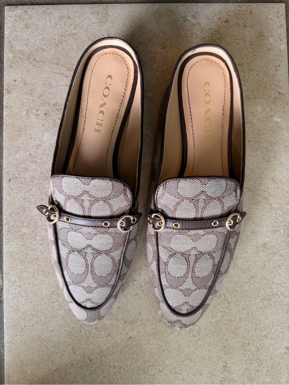Coach Beige Signature Canvas Loafers with Gold-Tone Accents